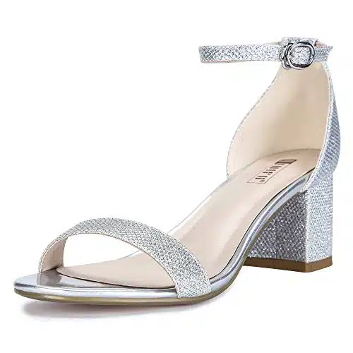 IDIFU Women's Cookie LO Low Block Heels Chunky Sandals Ankle Strap Wedding Dress Pump Shoes(Silver Glitter, )