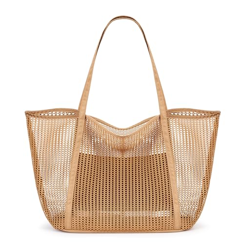 KALIDI FANCY FOREST Beach Mesh Tote Bag, Womens Shoulder handbag MAX L Grocery Bag Khaki