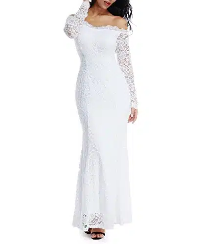 LALAGEN Women's Floral Lace Long Sleeve Off Shoulder Wedding Mermaid Dress White