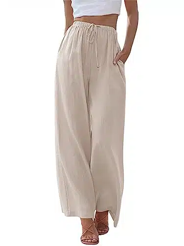 LILLUSORY Linen Pants Womens Flowy Wide Leg Beach Vacation Summer Spring Outfits Clothes Fashion Trendy Casual Loose Lightweight Lounge Pants with Pocket Apricot