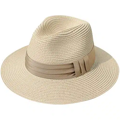 Lanzom Women Wide Brim Straw Panama Roll up Hat Fedora Beach Sun Hat UPF+ (B Khaki)