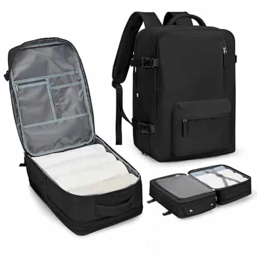Large Travel Laptop Backpack, Expandable Flight Approved Backpack, Carry on Backpack for Women, Waterproof inch Laptop Hiking Backpack with Shoe Compartment, Black