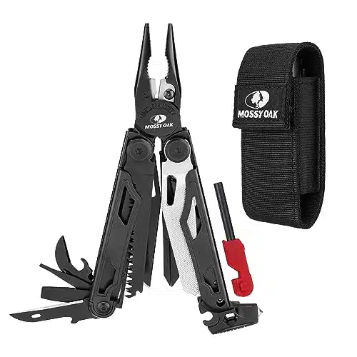 MOSSY OAK Multitool, in Stainless Steel Multi Tool Pliers, Survival Tools with Fire Starter, Window Breaker, Whistler, Self locking EDC Gear with Sheath for Outdoor, Survival, Camping, Hiking
