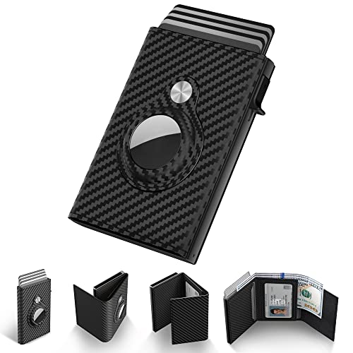 Mens Smart Wallet Card Holder for AirTag Leather, Compatible with Apple Air Tag, RFID Blocking, Slim, Carbon Fiber, Minimalist   Card Capacity  ID Window  Cash Slot (Black)