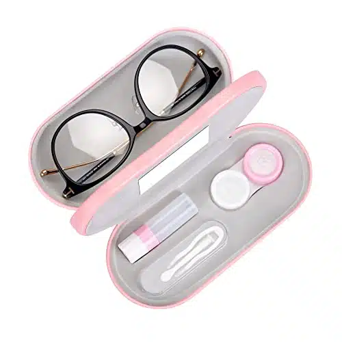 Muf in Contact Lens Case and Glasses Case,Double Sided Dual Use Design,Leak Proof & Portable,Tweezer and Contact Lens Solution Bottle Included for Travel Kit(Pink)