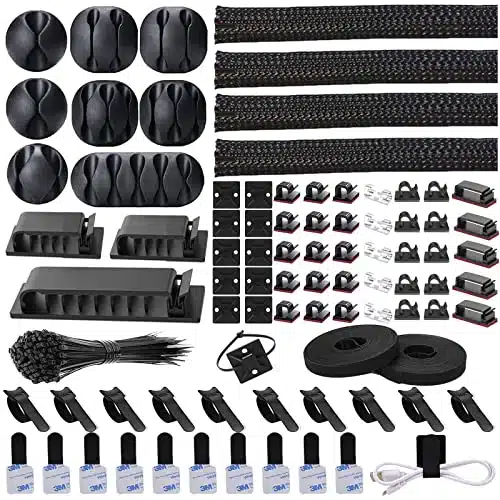 N NOROCME PCS Cable Management Kit ire Organizer Sleeve,Cable Holder,Cord Clips +Roll Cable Organizer Straps and Fastening Cable Ties for Computer TV Under Desk, black,clear