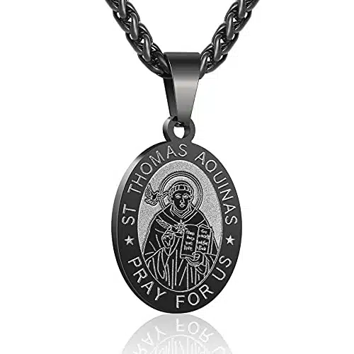 P. BLAKE Black St. Saint Thomas Medal Necklace Men Boys, Stainless Steel Catholic Saint Thomas Aquinas Pendant Chain