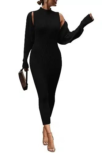 PRETTYGARDEN Womens Fall Piece Outfits Bodycon Maxi Tank Pullover Sweater Dress And Long Sleeve Cropped Cardigan Knit Sets (Black,Medium)