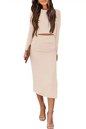PRETTYGARDEN Womens Fall Piece Outfits Track Suits Long Sleeve Crop Tops Bodycon Midi Skirt Slit Dress Matching Sets (Apricot,Large)