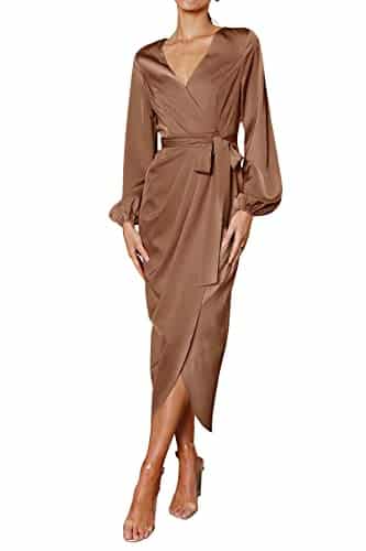 PRETTYGARDEN Women's Maxi Satin Dress Puff Sleeve Wrap V Neck Ruched Belted Long Formal Cocktail Dresses (Brown,Small)