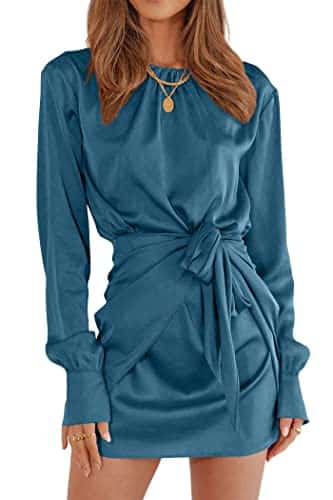 PRETTYGARDEN Women's Spring Satin Dress Long Sleeve Tie Waist Elegant Cocktail Party Mini Fall Dresses(Dark Blue,Medium)