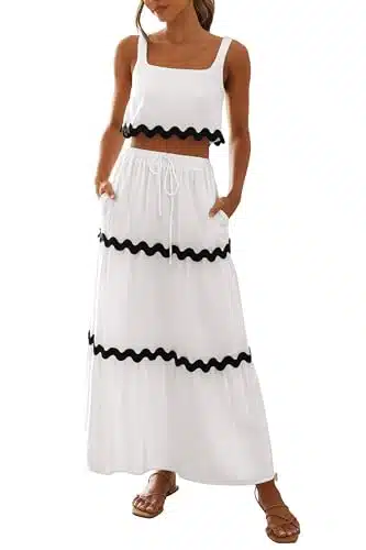 PRETTYGARDEN Women's Summer Piece Beach Outfit Casual Sleeveless Cropped Tank Top High Waisted Maxi Skirt Set (White,Large)