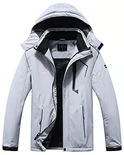 Pooluly Men's Ski Jacket Warm Winter Waterproof Windbreaker Hooded Raincoat Snowboarding Jackets Light Gray L