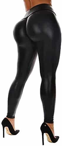 SEASUM Women's Faux Leather Leggings Pants PU Elastic Shaping Hip Push Up Black Sexy Stretchy High Waisted Tights L