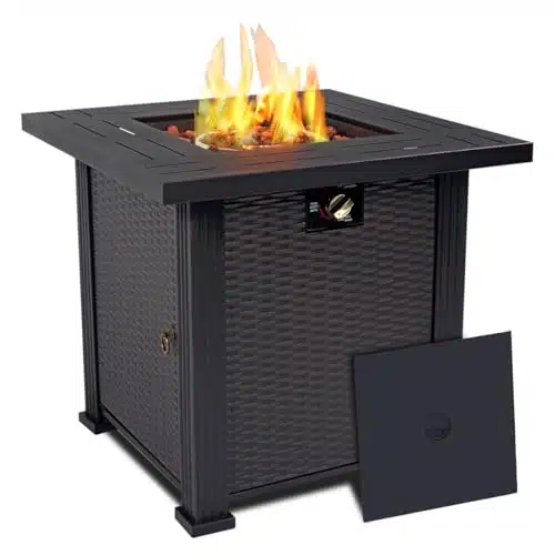 SENJOYS '' Propane Fire Pit Table, ,BTU Steel Gas FirePit for Outdoor, Fire Table with Lid and Lava Rock, Add Warmth & Ambience to Gatherings and Parties On Patio Deck Garden Backyard, Black.