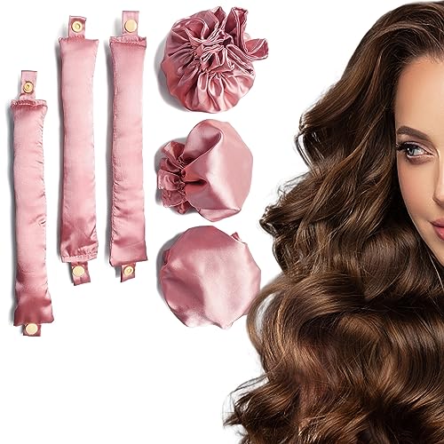 SetsPCS Ariuvor New Satin Heatless Hair Curler,Hair Rollers for Heatless Curls with Hair Caps,Soft Heatless Curling Rod Headband for Long Hair,No Heat Curling to Sleep in Overnight (pink)