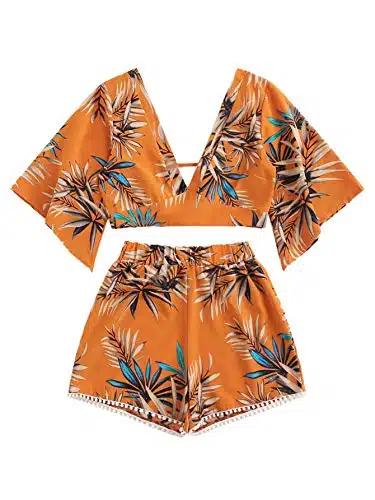 SweatyRocks Women's Piece Boho Butterfly Sleeve Knot Front Crop Top with Shorts Set Tropical Orange S