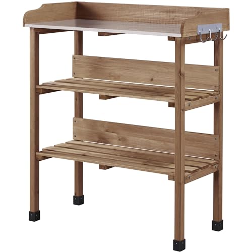 Topeakmart Potting Bench Table wMetal Tabletop for Garden, Fir Wood Workstation wTier Shelves, Outdoor Work Bench wHook Brown