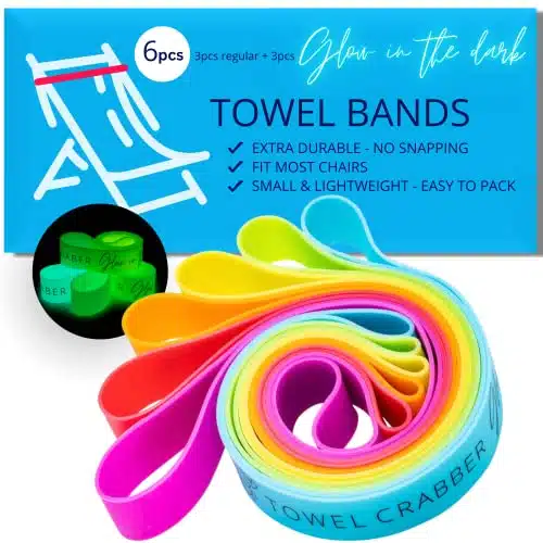Towel Bands (Pack), Beach Pool & Cruise Chairs, Extra Durable, No Snapping, Cruise Ship & Beach Essentials, Great Alternative to Beach Towel Clips (Regular + Glow in The Dark)