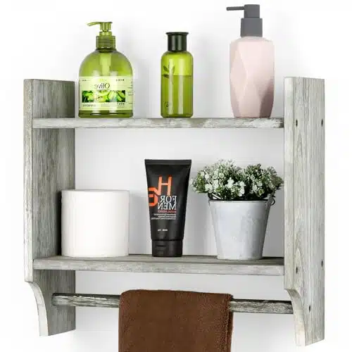 Towel Rack Wall Mounted with Tier Shelving Bathroom Shelves with Hand Towel Rod Olive Green Wooden Storage Shelves for Bathroom Kitchen Bedroom