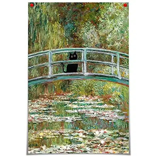 Vintage Monet Waterlily Cat Canvas Wall Art Famous Oil Paintings Monet Flowers Black Cat Poster Funny Floral Print Farmhouse Gallery Aesthetic Room Decor for Bedroom Bathroom xin Unframed