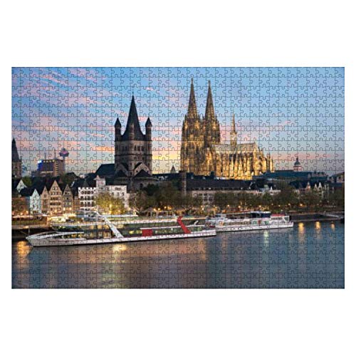 Wooden Puzzle Pieces Aerial View Cologne Over The Rhine River with Cruise Ship in Cologne Jigsaw Puzzles for Children or Adults Educational Toys Decompression Game