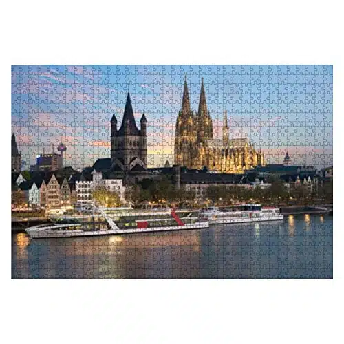 Wooden Puzzle Pieces Aerial View Cologne Over The Rhine River with Cruise Ship in Cologne Jigsaw Puzzles for Children or Adults Educational Toys Decompression Game
