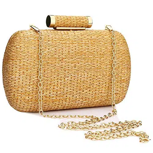 YYW Straw Purse for Women Hand Woved Evening Handbag Party Wedding Summer Beach Bag Wicker clutch (Gold)