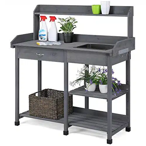 Yaheetech Outdoor Potting Bench Table Potters Benches Garden Workstation for Horticulture with DrawerAdjustable Shelf RackRemovable SinkHooksPads, Gray