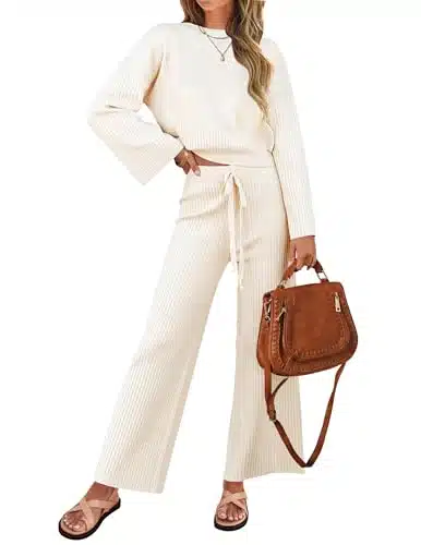ZESICA Women's Piece Outfits Set Casual Long Sleeve Knit Pullover Top and Wide Leg Pants Sweatsuit Lounge Sets,Cream,Medium