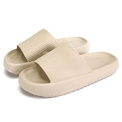 rosyclo Cloud Slides for Women and Men, Pillow House Slippers Super Soft Comfy Non Slip Massage Bathroom Shower Shoes, Cushion Slide Sandals for Indoor Outdoor, Tan Beige Nude