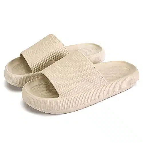rosyclo Cloud Slides for Women and Men, Pillow House Slippers Super Soft Comfy Non Slip Massage Bathroom Shower Shoes, Cushion Slide Sandals for Indoor Outdoor, Tan Beige Nude