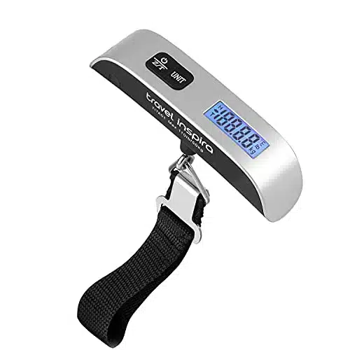 travel inspira Luggage Scale, Portable Digital Hanging Baggage Scale for Travel, Suitcase Weight Scale with Rubber Paint, Pounds, Battery Included   Silver