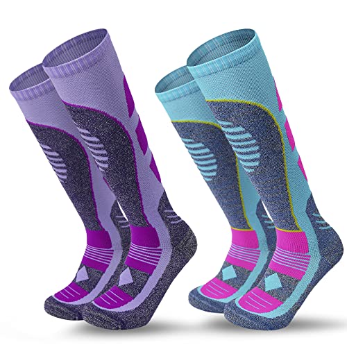 AII Thermal Ski Socks Mens and WomenPairs,Cross Country Skis Snowboard socks for Skiing Outdoor socks (Purple+Blue, Large)