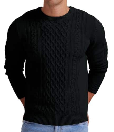 Askdeer Men's Fisherman Cable Crewneck Sweater Winter Casual Sweater for Men Knitted Pullover Sweaters with Ribbing Edge Black