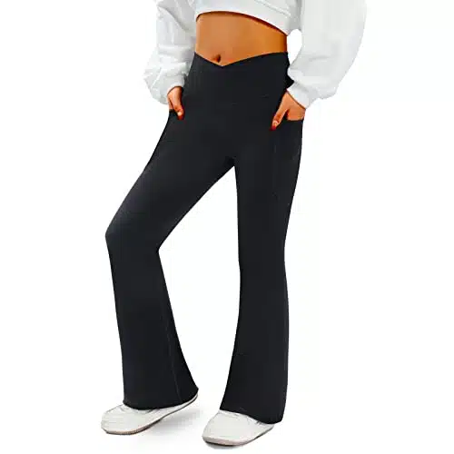 COPYLEAF Women's Flare Yoga Pants with Pockets V Crossover High Waisted Bootcut Yoga Leggings Flare Bell Bottom Workout Gym Leggings Black