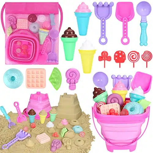 Collapsible Beach Toys Set for Kids Toddlers Girls, Collapsible Sand Bucket and Shovels Set with Mesh Bag & Sand Molds, Ice Cream Travel Sand Toys for Beach, Sandbox Toys for 