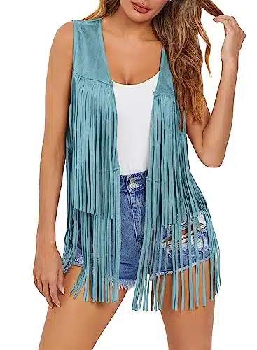 Dokotoo Womens Fringe Vest Top s Hippie Casual Western Party Cowgirl Shirts Sleeveless Fringe Jacket Open Front Cardigan Faux Suede Leather Tassel Party Summer Country Concert