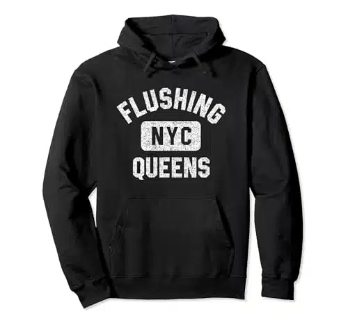 Flushing Queens NYC Gym Style Distressed White Print Pullover Hoodie