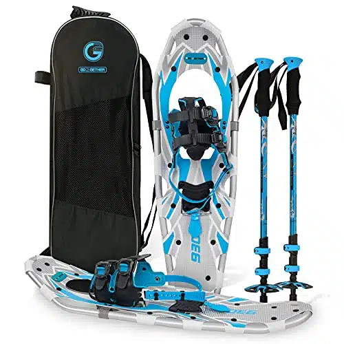 GInches Blue Light Weight Snowshoes for Women Men Youth, Set with Trekking Poles, Tote Bag, Special EVA Padded Ratchet Binding, Heel Lift, Toe Box
