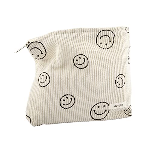 GUTGNK Makeup Bag For Women   Corduroy Cosmetic Bags Aesthetic Design Ladies Tote Bag,Women's Pencil Case,Cute Smiley Face Makeup Organizer with Zipper (Beige)