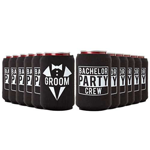 Groom and Bachelor Party Crew Squad Bachelor Party Can Coolers, Set of hite and Black Beer Can Coolies, Perfect Bachelor Party Decorations and as Grooms Men Gifts