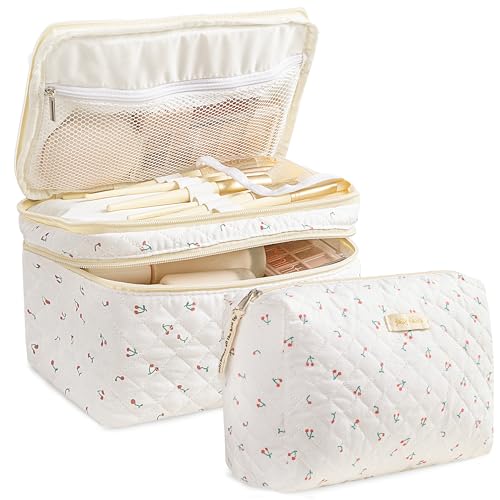 HBselect Pcs Double Layer Travel Makeup Bag Women, Cotton Quilted Makeup Bag Coquette Makeup Bag Large Travel Cosmetic Bag Aesthetic Cute Kawaii Cherry Makeup Bag Toiletry Bag