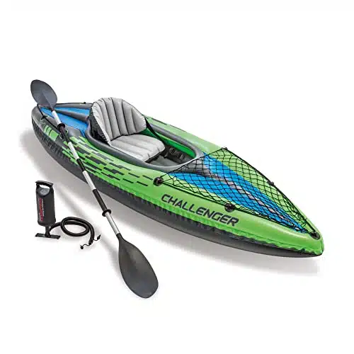INTEX EP Challenger KInflatable Kayak Set Includes Deluxe in Aluminum Oar and High Output Pump  Adjustable Seat with Backrest  Removable Skeg  Person  lb Weight Capacity