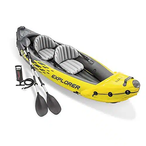 INTEX EP Explorer KInflatable Kayak Set Includes Deluxe in Aluminum Oars and High Output Pump  SuperStrong PVC  Adjustable Seats with Backrest  Person  lb Weight Capacity , Ye