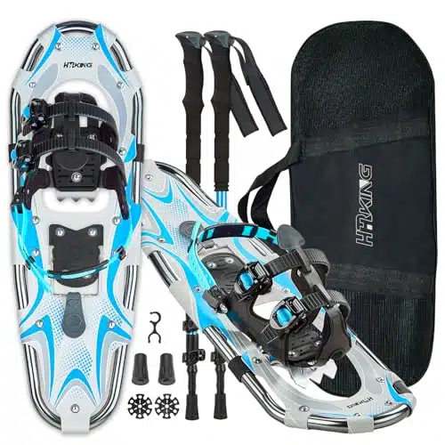 Inches Lightweight Snowshoes with Toe Box and Heel Lift, in Aluminum All Terrain Snowshoes Kit with Adjustable Trekking Poles and Heavy Duty Carrying Tote Bag for Women Men an