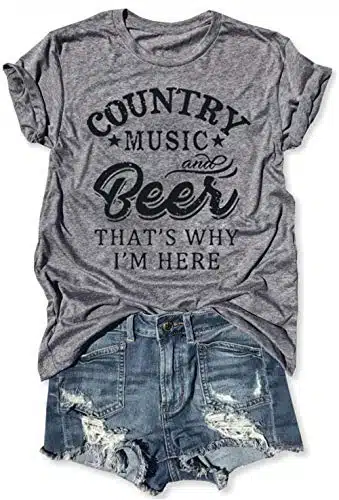 LANMERTREE Country Music and Beer That's Why I'm Here T Shirt Women's Short Sleeve Tops Blouse (M, Grey)