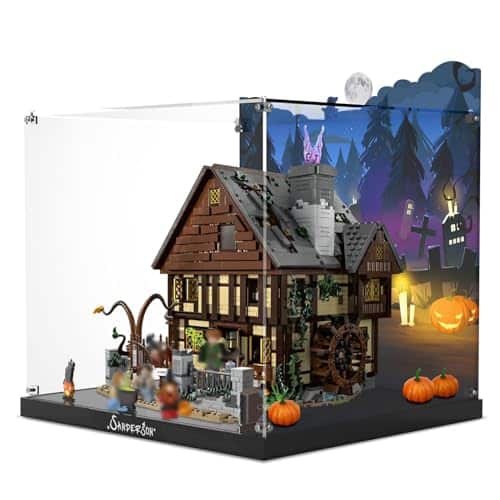 NAOCARD Acrylic Display Case for Lego Disney Hocus Pocus The Sanderson Sisters' Cottage Building Bricks, Dustproof Display Box, Customized Decorative Box & HD Painted Backgrou