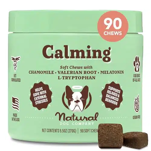 Natural Dog Company Calming Bites (Chews), Peanut Butter and Bacon Flavor, Chewable Treats with Melatonin for Dogs, Promotes Relaxation & Composure for Daily Stress, Supports 