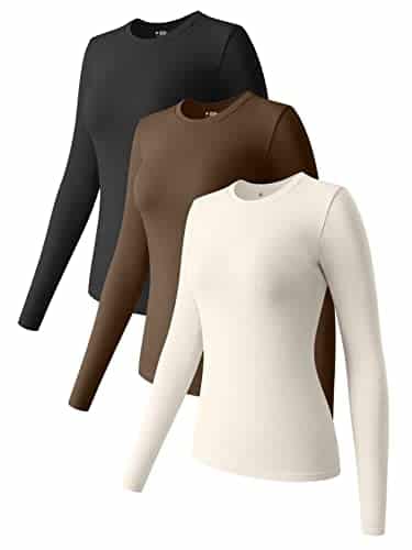 OQQ Womens Piece Long Sleeve Tops Crew Neck Stretch Fitted Underscrubs Layer Tee Shirts Tops Black Coffee Beige